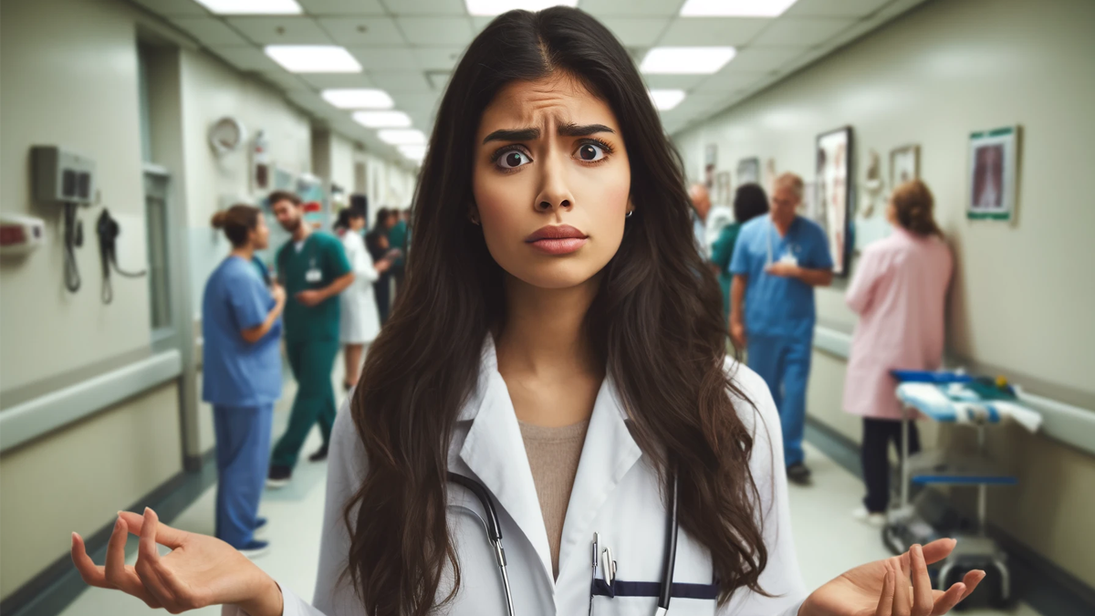 Frustrated female doctor in busy hospital hallway